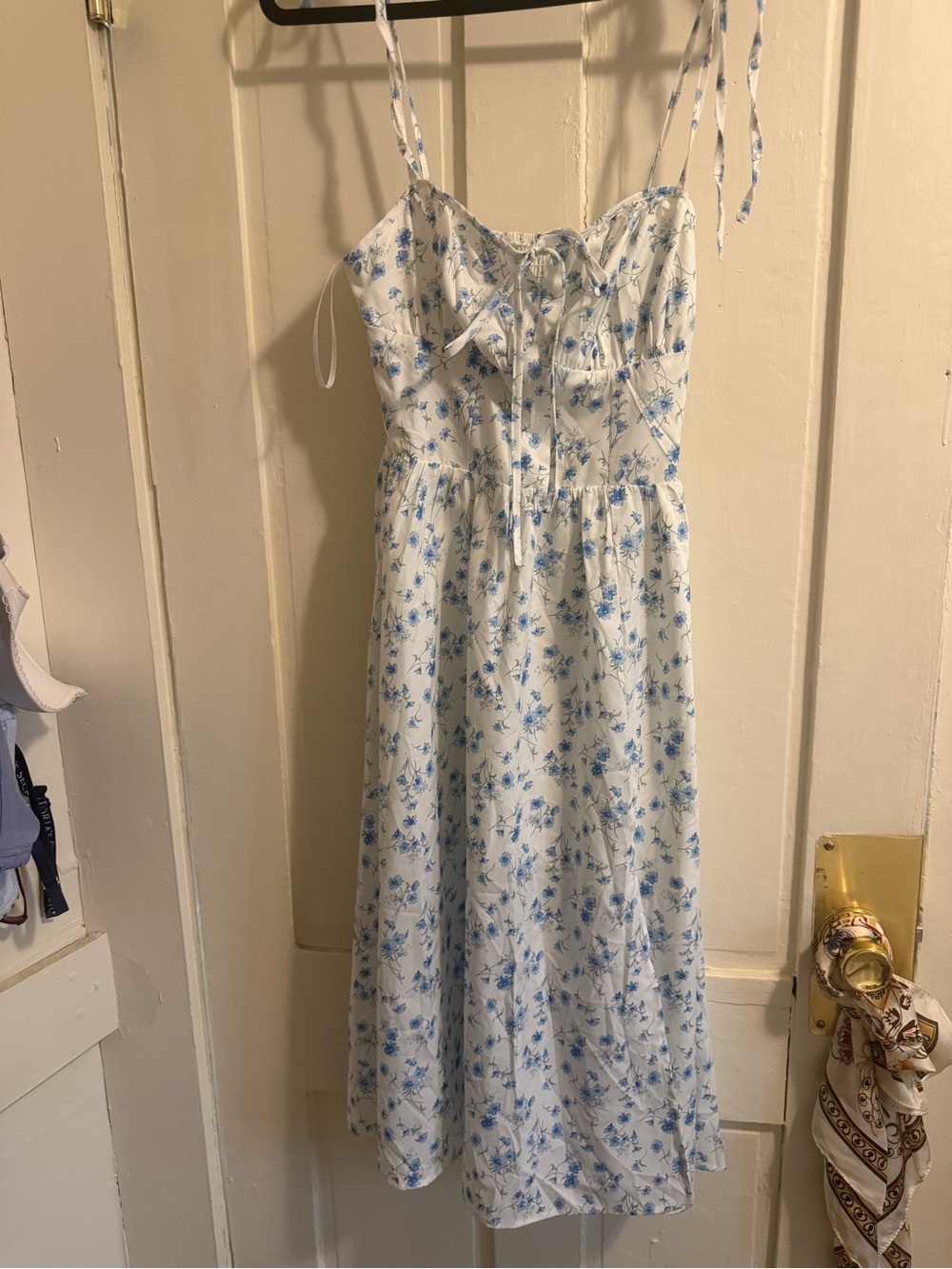White Midi Slip Dress with Blue Floral Print